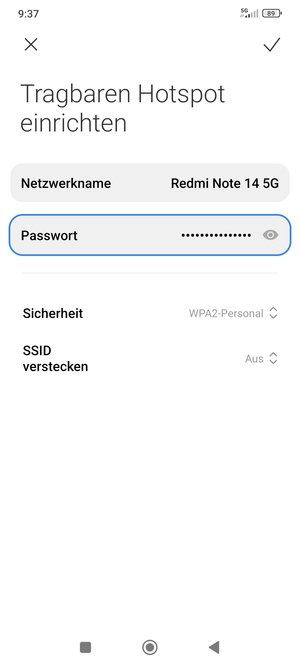 Geben Sie eine WLAN-Hotspot-Passwort mit mindestens 8 Zeichen ein und wählen Sie Speichern
