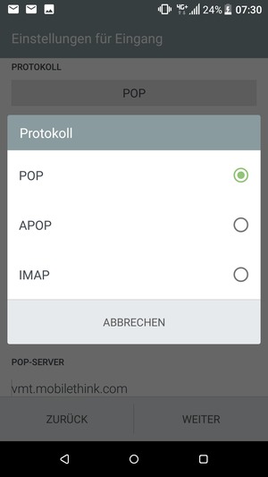 Wählen Sie POP oder IMAP