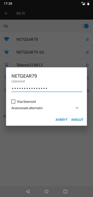 Ange lösenord till Wi-Fi och välj ANSLUT
