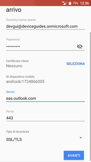 Inserisci il nome utente e l'indirizzo del server Exchange. Seleziona AVANTI