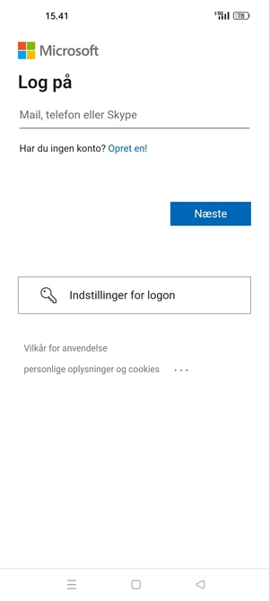 Indtast din e-mailadresse og vælg Næste