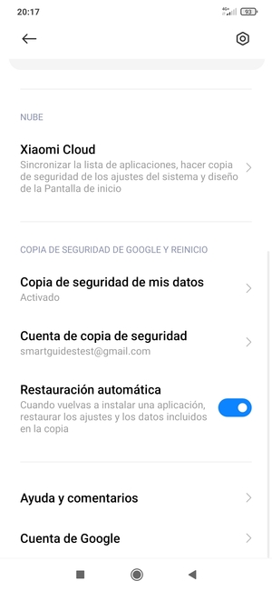 Seleccione Cuenta de copia de seguridad