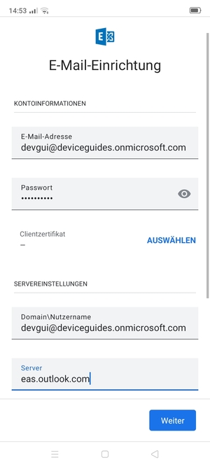Geben Sie Benutzername und Exchange Server-Adresse ein. Wählen Sie Weiter