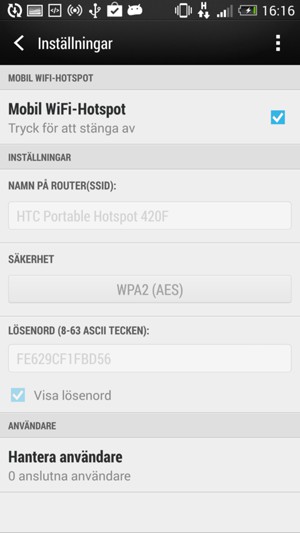 Ange ett lösenord bestående av minst 8 tecken och kryssa i rutan Mobil WiFi-Hotspot