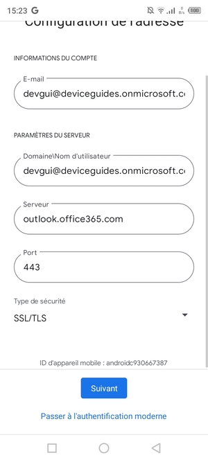 Saisissez votre Nom d'utilisateur et l'adresse du serveur Exchange. Sélectionnez Suivant