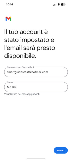 Scegli un nome per il tuo account e inserisci il tuo nome. Seleziona Avanti