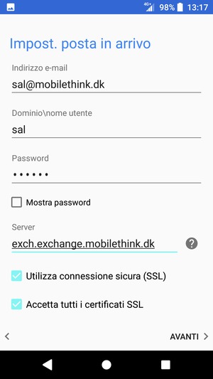 Inserisci Nome utente e l'indirizzo del server di posta in arrivo