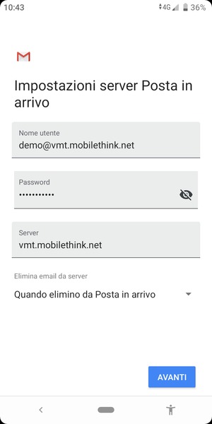 Inserisci Nome utente e l'indirizzo del server di posta in arrivo. Seleziona AVANTI