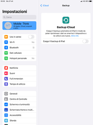 Imposta Backup iCloud su ON