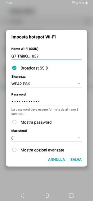 Inserisci una password dell'hotspot Wi-Fi di almeno 8 caratteri e seleziona SALVA