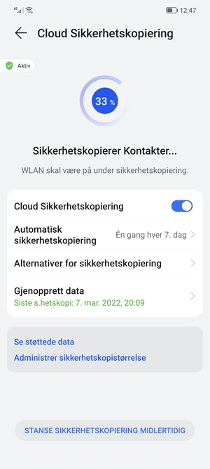 Vent til sikkerhetskopieringen er ferdig
