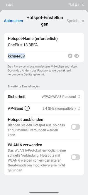 Geben Sie eine WLAN-Hotspot-Passwort mit mindestens 8 Zeichen ein und wählen Sie Speichern
