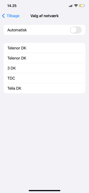 Vælg en netværksudbyder fra listen