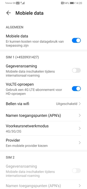 Scroll naar SIM 1 of SIM 2 en selecteer Voorkeursnetwerkmodus