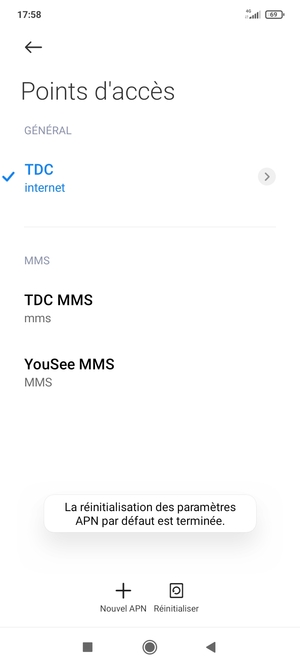 Votre téléphone va être réinitialisé avec les paramètres Internet et MMS par défaut
