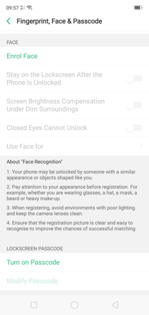 Scroll to and select Turn on Passcode