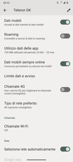 Per modificare la rete, in presenza di problemi, disattiva Seleziona rete automaticamente