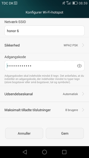 Indtast en adgangskode på minimum 8 tegn og vælg Gem