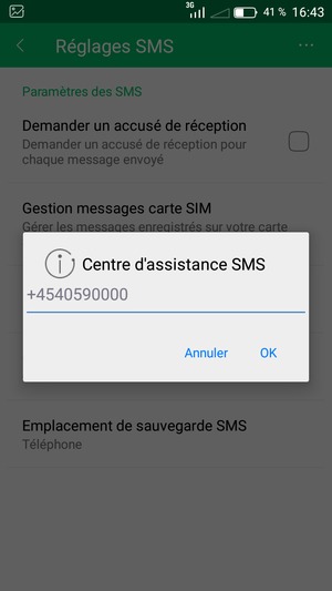 Saisissez le numéro du Centre d'assistance SMS et sélectionnez OK