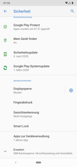 Um die PIN für die SIM-Karte zu wechseln, scrollen Sie und wählen Sie Erweitert