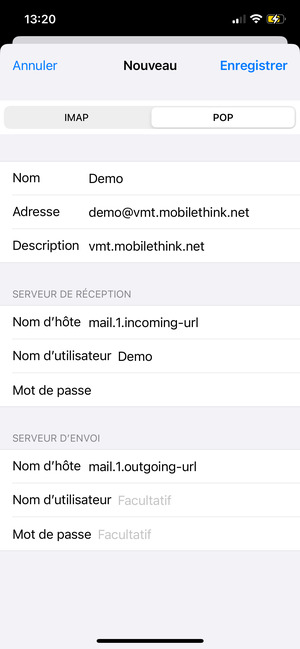 Saisissez les informations de messagerie pour le SERVEUR D'ENVOI et sélectionnez Enregistrer
