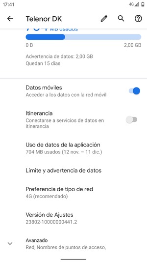 Desplácese y seleccione Avanzado