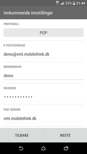 Skriv inn Brukernavn og Innkommende serveradresse. Velg NESTE