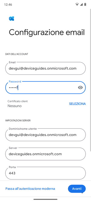 Inserisci Nome utente e l'indirizzo del server Exchange. Seleziona Avanti