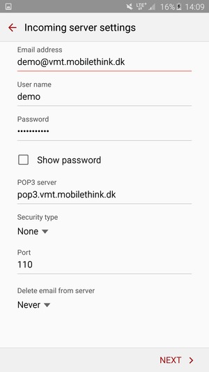 Enter User name and Incoming server address. Select NEXT
