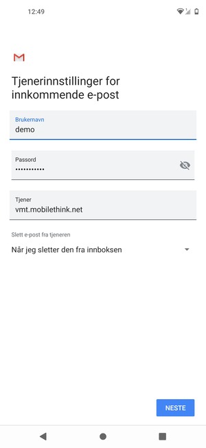 Skriv inn Brukernavn og innkommende serveradresse. Velg NESTE