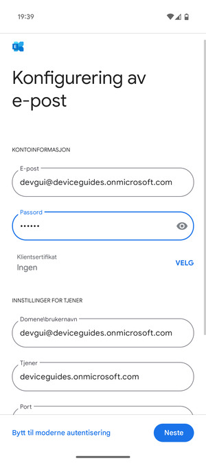 Skriv inn Brukernavn og Exchange serveradresse. Velg Neste