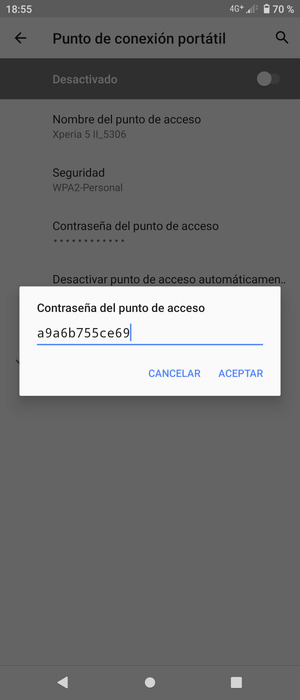 Introduzca una contraseña de punto de acceso Wi-Fi de al menos 8 caracteres y seleccione ACEPTAR