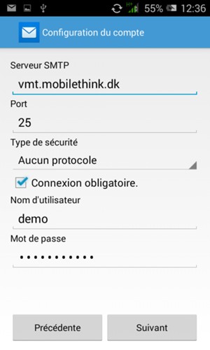 Saisissez l'adresse du serveur sortant