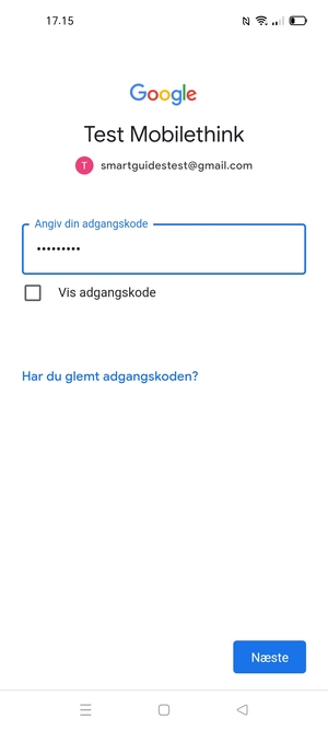 Indtast din adgangskode og vælg Næste