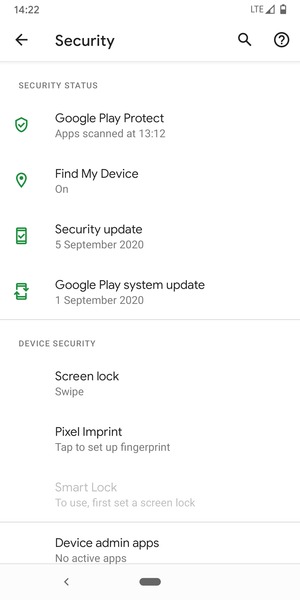 To activate your screen lock, go to the Security menu and select Screen lock