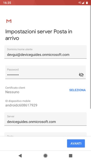 Inserisci Nome utente e l'indirizzo del server Exchange. Seleziona AVANTI