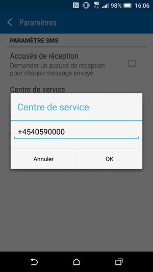 Saisissez le numéro du Centre de service et sélectionnez OK