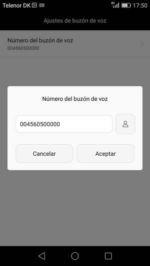 Introduzca el Número del buzón de voz y seleccione Aceptar