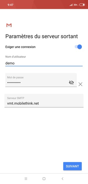 Saisissez l'adresse du serveur sortant