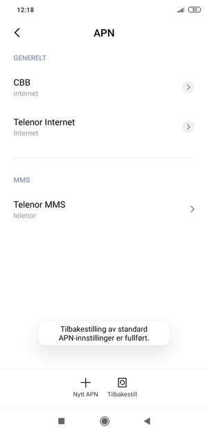 Telefonen din vil tilbakestilles til standard internett-og MMS-innstillinger