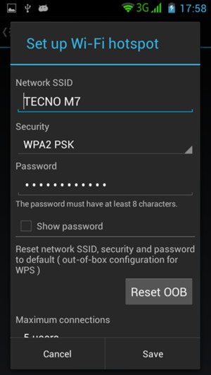 Enter a Wi-Fi hotspot password of at least 8 characters and select Save