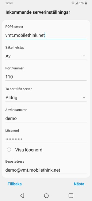Ange Inkommande-serveradress och Användarnamn. Välj Nästa