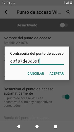 Introduzca una contraseña de punto de acceso Wi-Fi de al menos 8 caracteres y seleccione ACEPTAR