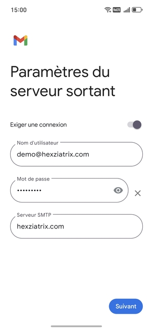 Entrez l'adresse du serveur Sortant et sélectionnez Suivant