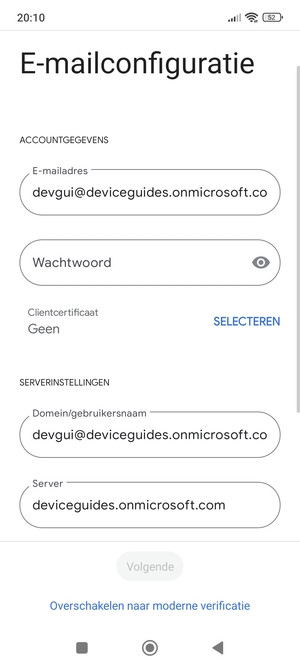 Voer Gebruikersnaam en Exchange serveradres in. Selecteer Volgende