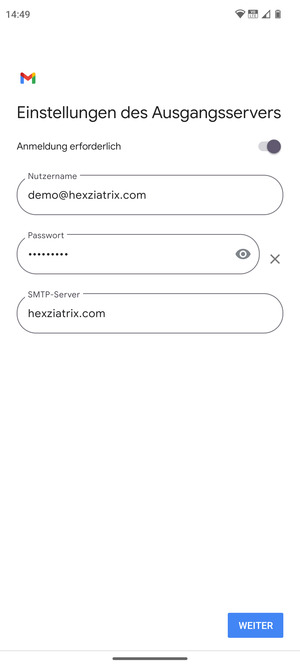 Geben Sie die Server-Adresse für ausgehende Post ein und wählen Sie WEITER