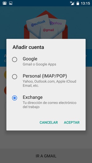 Seleccione Exchange y ACEPTAR