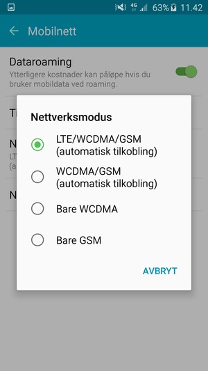Velg WCDMA/GSM (automatisk tilkobling) for å aktivere 3G