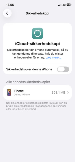 Slå Sikkerhedskopier denne iPhone til