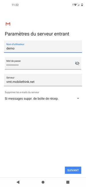 Saisissez votre Nom d'utilisateur et l'adresse du serveur entrant. Sélectionnez SUIVANT